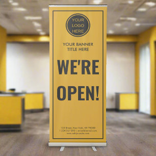 We're Open l Modern Business Logo Yellow & Black Retractable Banner