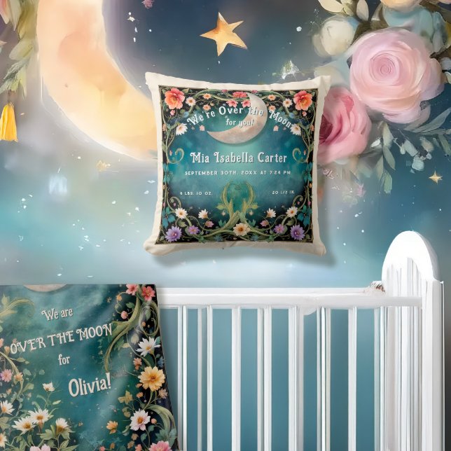 We're Over the Moon Birth Stats Floral Garden Vine Cushion (Creator Uploaded)