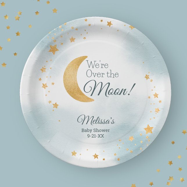 We're Over the Moon Blue Baby Shower Paper Plate (We're Over the Moon Blue Baby Shower Paper Plates)
