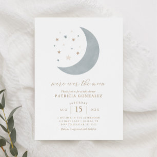 We're Over the Moon Blue Gold Boy Baby Shower Invi Invitation