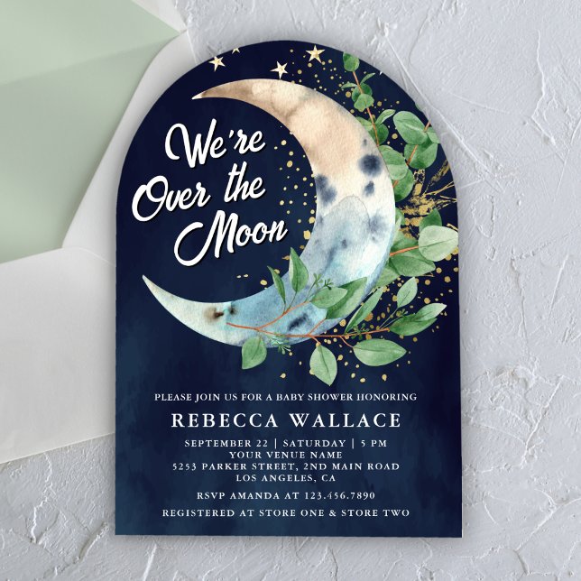 We're Over The Moon Eucalyptus Navy Baby Shower Invitation (Creator Uploaded)