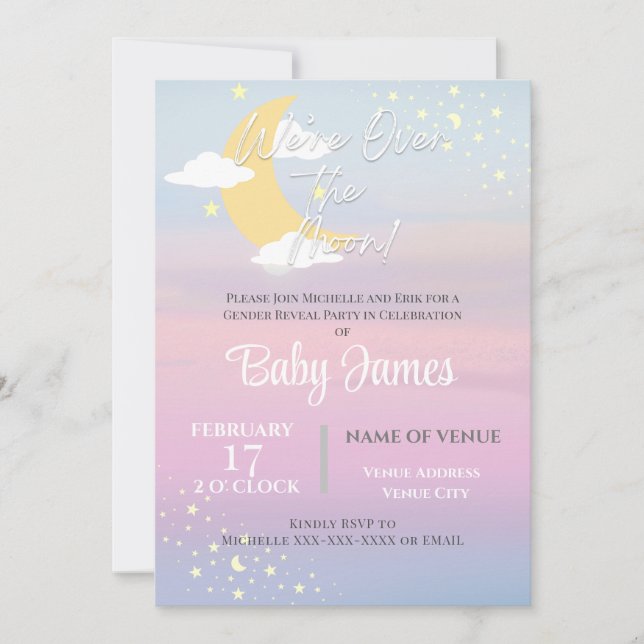 We're Over the Moon Gender Reveal Pink Blue Purple Invitation (Front)