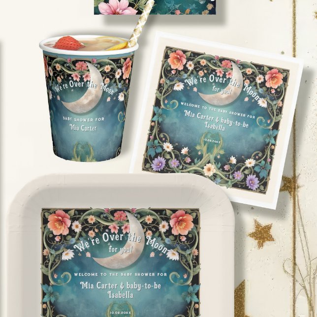 We're Over the Moon Girly Floral Girl Baby Shower Napkin (Creator Uploaded)