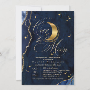 We're Over the Moon Gold Stars Blue Baby Shower Invitation