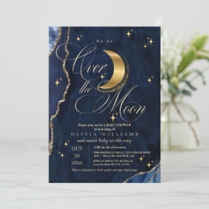 We're Over the Moon Gold Stars Blue Baby Shower  Invitation