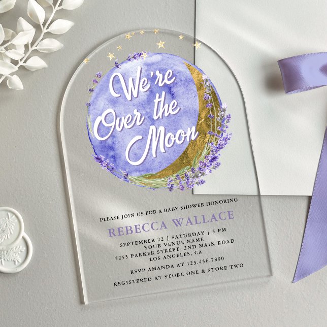 We're Over The Moon Lavender Arch Baby Shower Acrylic Invitations (Creator Uploaded)