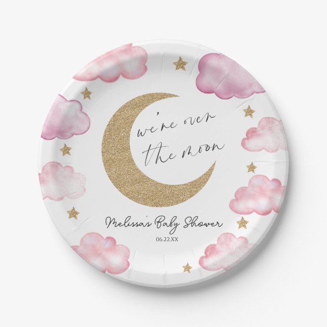 We're Over The Moon Pink Celestial Baby Shower Paper Plate (Front)