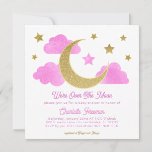 We're Over The Moon Pink Glitter Gold Baby Shower Invitation