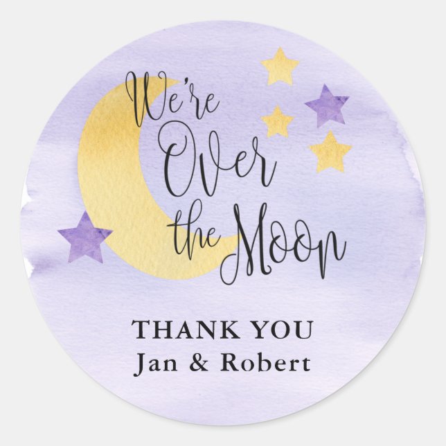 We're Over the Moon, Purple Personalised Classic Round Sticker (Front)