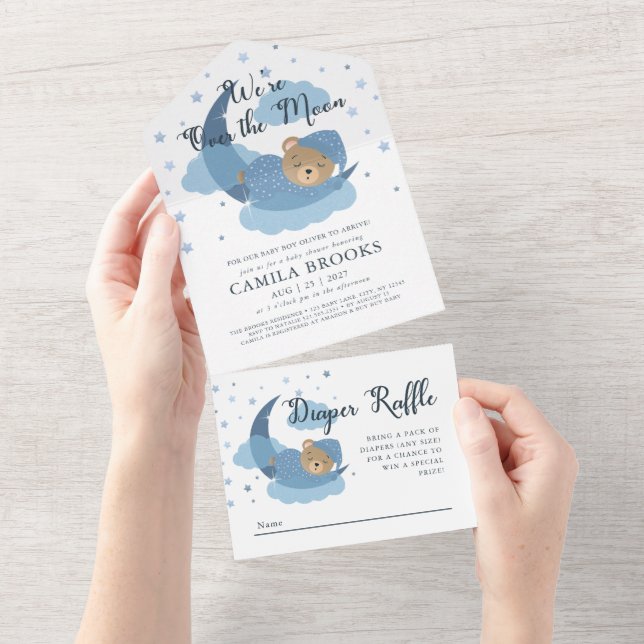 We're Over The Moon Sleeping Bear Boy Baby Shower All In One Invitation (Tearaway)