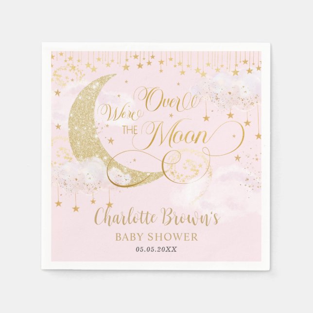 We're Over the Moon Stars Pink Gold Baby Shower Napkin (Front)