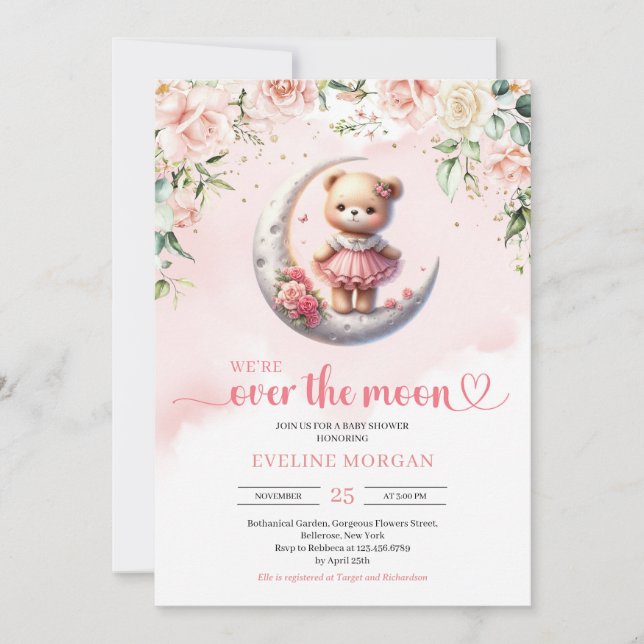 We're over the moon teddy bear girl baby shower invitation (Front)