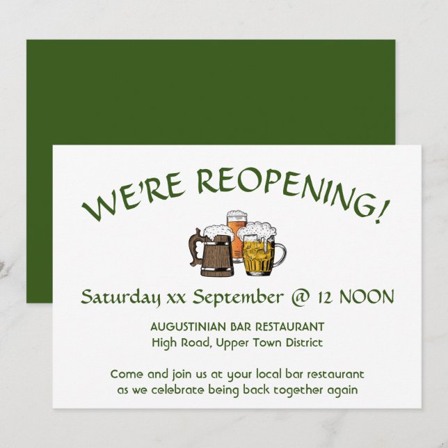 WE'RE REOPENING! Bar Restaurant Customisable GREEN Invitation (Front/Back)
