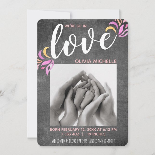 We're So In Love Chalkboard Photo Baby Girl Birth Announcement (Front)