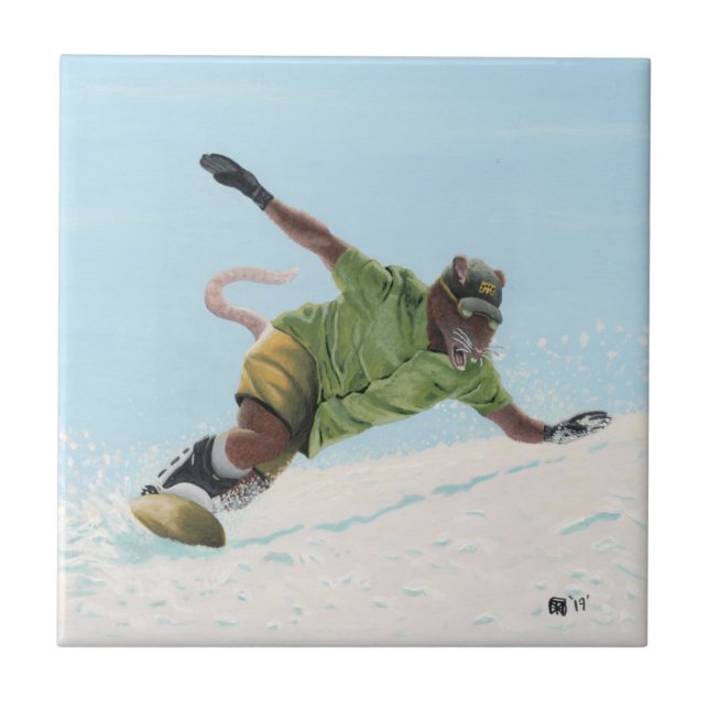 Wererat Snowboarder Fantasy Art Ceramic Tile (Front)