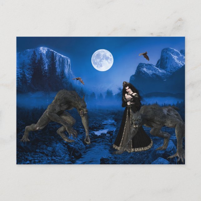 Werewolf and Vampire Halloween Scary Postcard (Front)