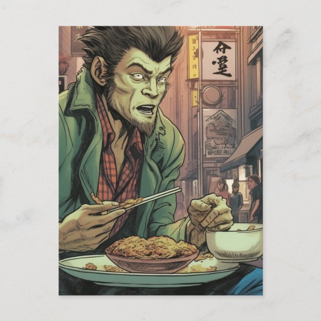 Werewolf Eating Chinese Food Postcard (Front)