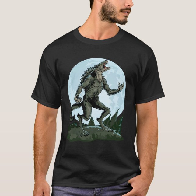 Werewolf Howling At The Moon Creepy Wolf Full Moon T-Shirt (Front)