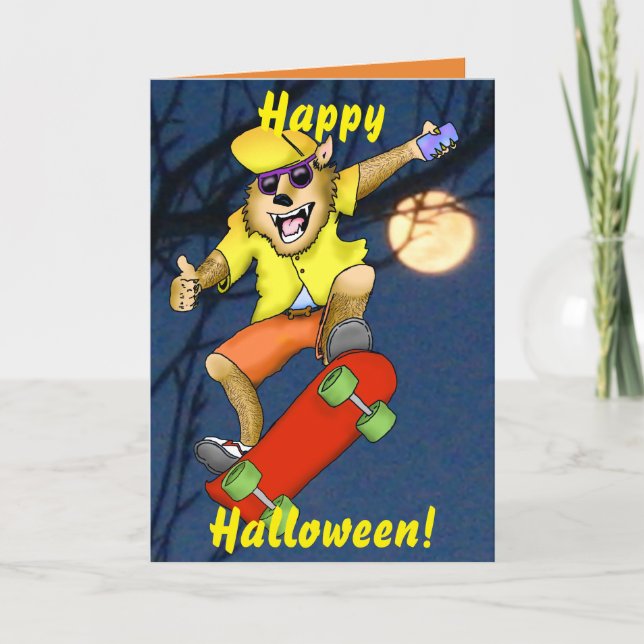 Werewolf Skateboarder Halloween Greeting Card (Front)