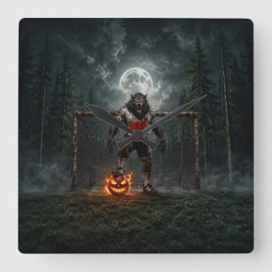 Werewolf Soccer Player Halloween Horror Art Square Wall Clock
