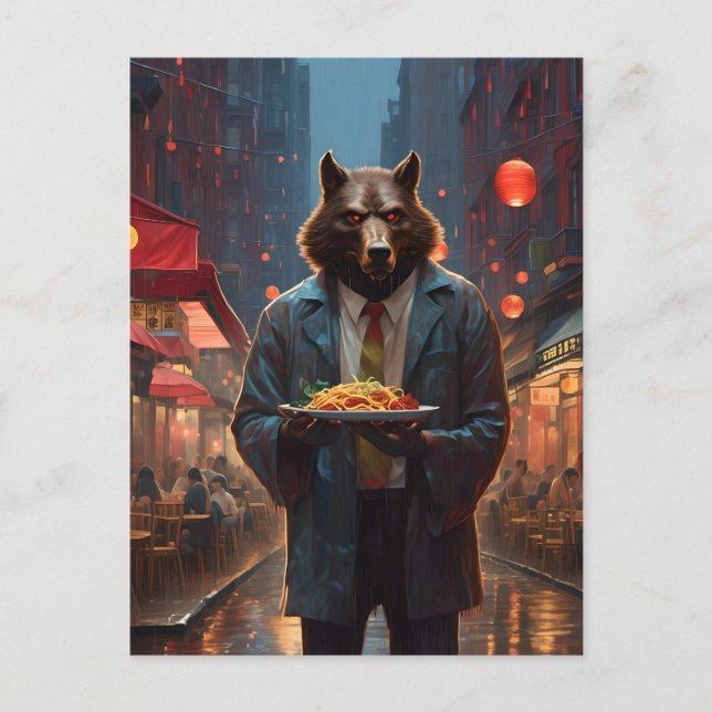  werewolf with a big dish of beef chow mein postcard (Front)