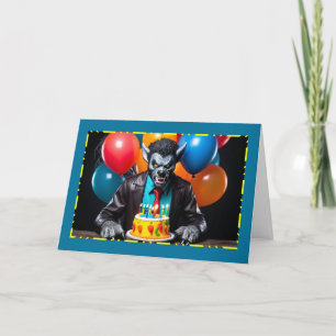 Werewolf with Birthday Cake - Halloween Birthday Holiday Card