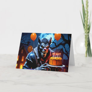 Werewolf with Cake - Birthday on Halloween Holiday Card