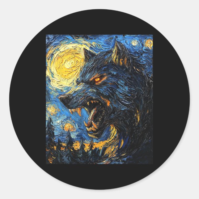 Werewolf Wolf Wolves - Van Gogh Style – Starry Nig Classic Round Sticker (Front)