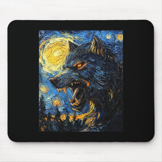 Werewolf Wolf Wolves - Van Gogh Style – Starry Nig Mouse Mat (Front)