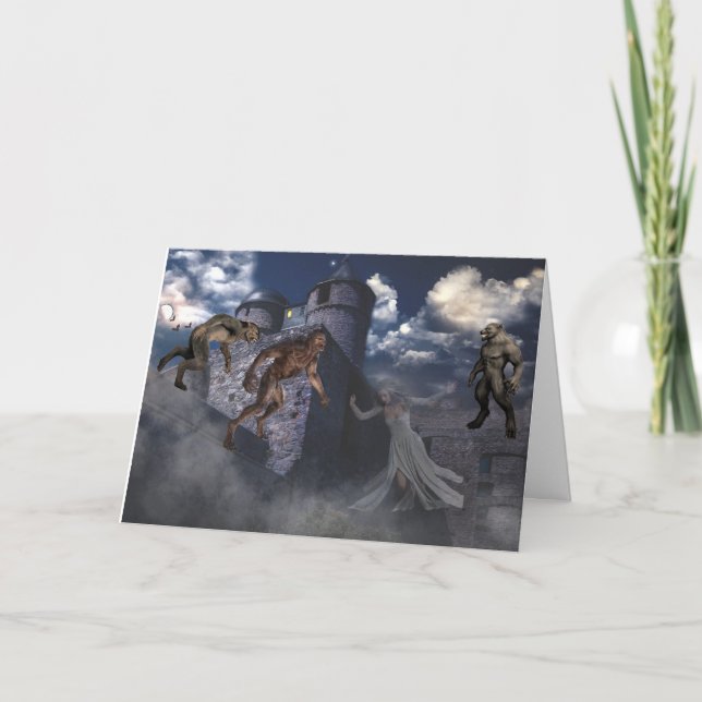 Werewolves and Ghost at a Castle Halloween Card (Front)