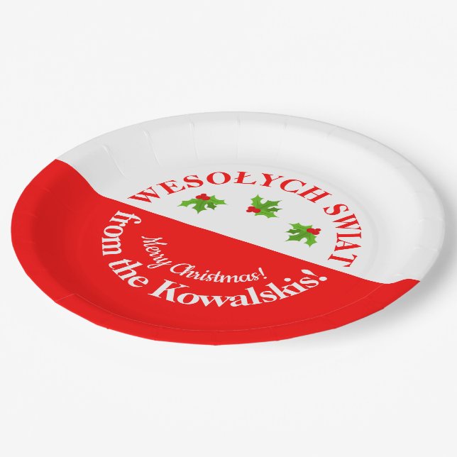 Wesolych Swiat Christmas Party Polish Flag & Name Paper Plate (Angled)