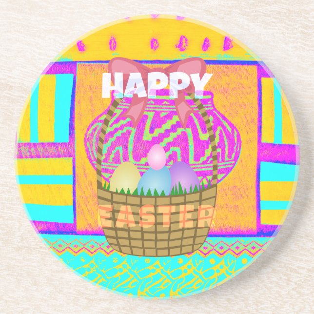 West African Inspired Easter Basket & Eggs Art  Coaster (Front)