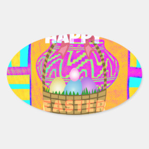 West African Inspired Easter Basket & Eggs Art  Oval Sticker