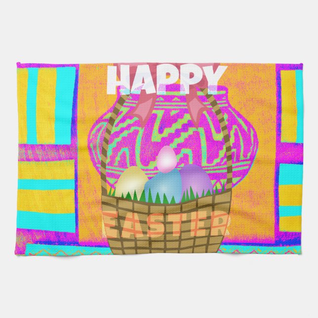 West African Inspired Easter Basket & Eggs Art  Tea Towel (Horizontal)