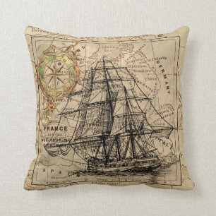 West Europe Vintage Map with Ship & Compass Cushion