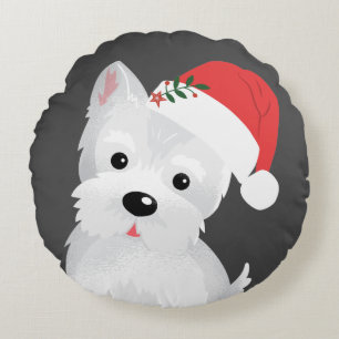 West Highland Dog Santa Hat Holly Berries Round Cushion