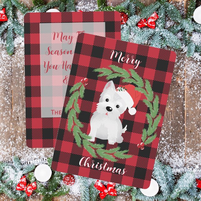 West Highland Dog With Santa Hat Buffalo Plaid Holiday Card (Merry Christmas West Highland Dog With Santa Hat Buffalo Plaid)