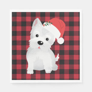 West Highland Dog With Santa Hat Buffalo Plaid Napkin