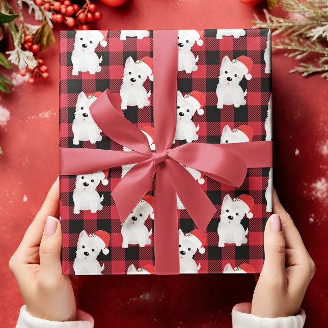 West Highland Dog With Santa Hat Buffalo Plaid Wrapping Paper (West Highland Dog With Santa Hat Buffalo Plaid Wrapping Paper)