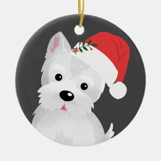 West Highland Dog With Santa Hat Ceramic Tree Decoration (Front)