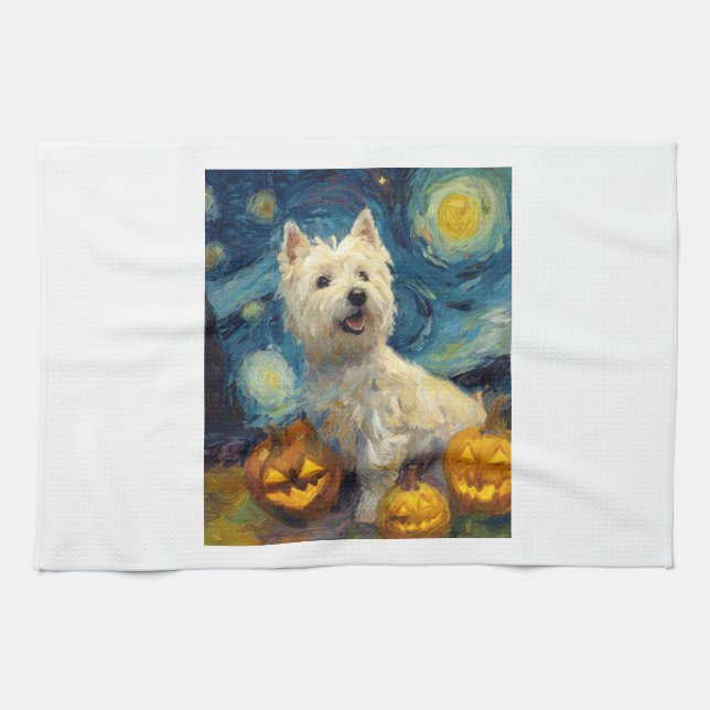 West Highland Terrier Cute Dog Halloween Jack O La Tea Towel (Horizontal)