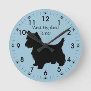 West Highland Terrier Dog Silhouette Personalised Round Clock