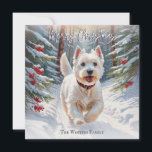 West Highland Terrier Dog Westie In Snow Christmas Holiday Card<br><div class="desc">This elegant Christmas card pictures a cute West Highland Terrier dog, running along a snowy path with a late afternoon sky, red berries and evergreen trees. The illustration is in an attractive watercolor style. At the top is the greeting 'Merry Christmas' in stylish script typography, while the text at the...</div>