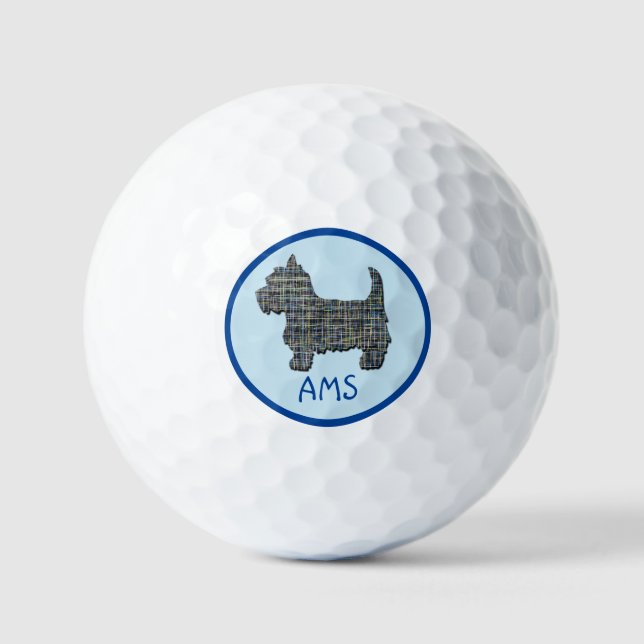 West Highland Westie Silhouette Monogram Grid Blue Golf Balls (Front)