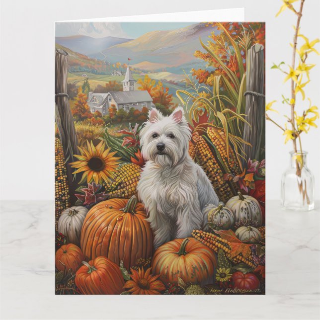 West Highland White Terrier Autumn Thanksgiving Card (Yellow Flower)