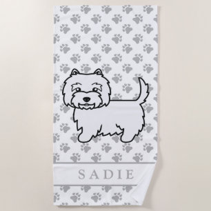 West Highland White Terrier Cartoon Dog & Name Beach Towel