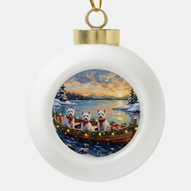 West Highland White Terrier Christmas Boat Holiday Ceramic Ball Christmas Ornament (Front)