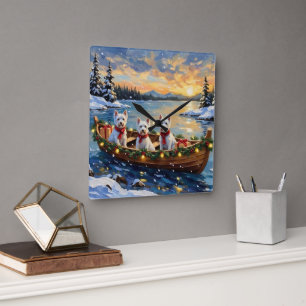 West Highland White Terrier Christmas Boat Holiday Square Wall Clock