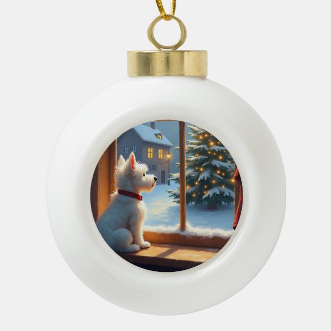 West Highland White Terrier Christmas Morning View Ceramic Ball Christmas Ornament (Front)