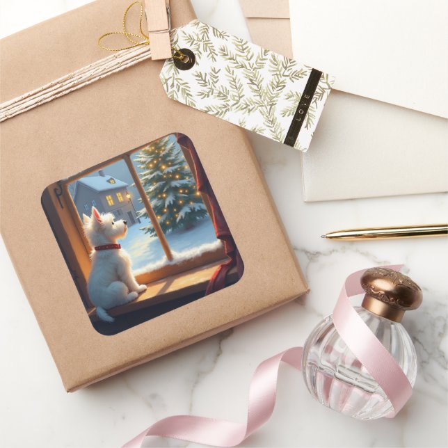 West Highland White Terrier Christmas Morning View Square Sticker (Gifting)